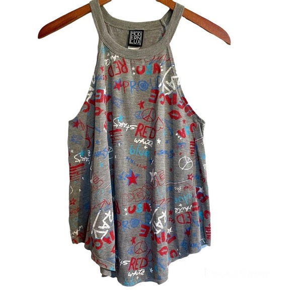 Modern Lux Small Tank Top Gray 4th of July American USA Peace Racerback - Picture 1 of 6